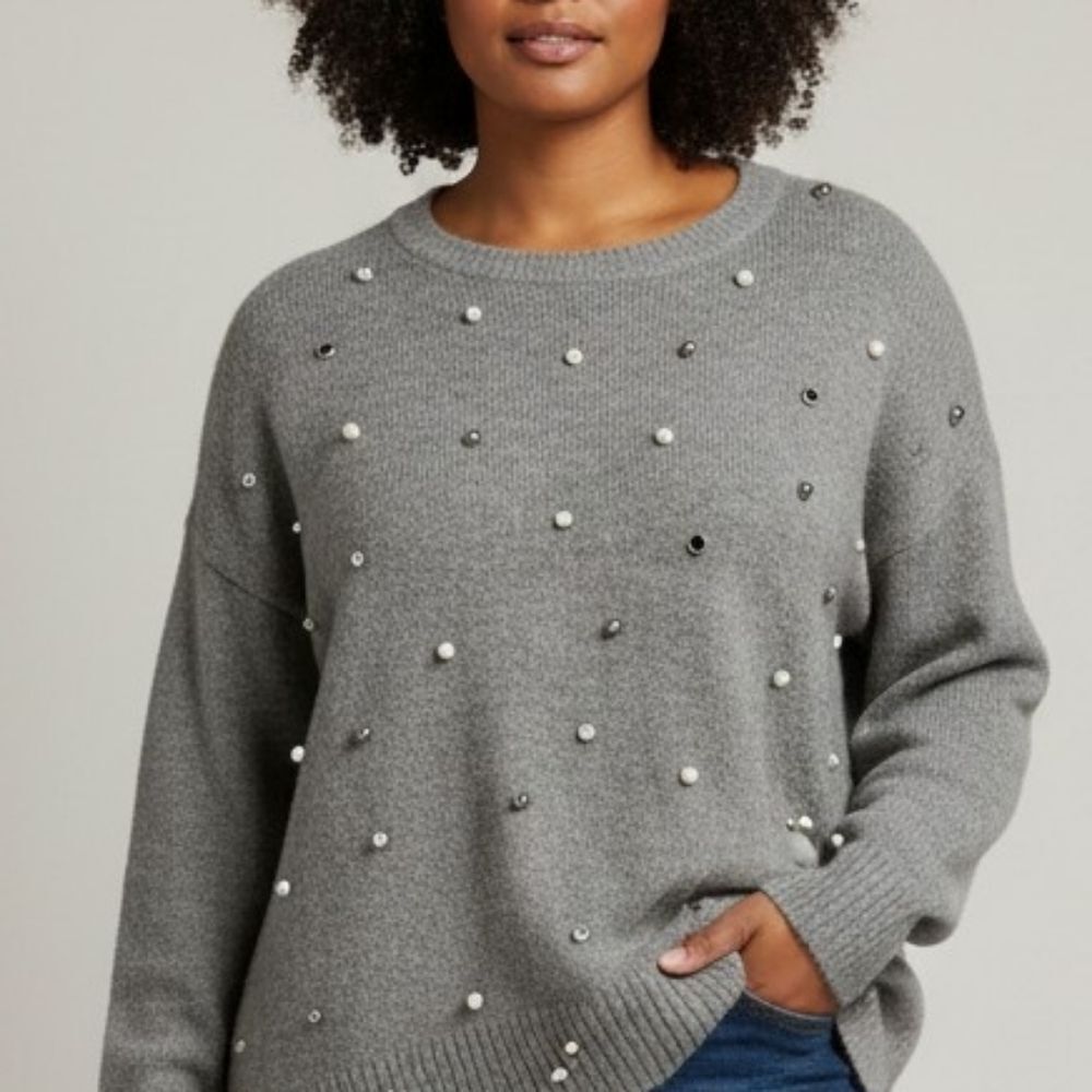 Grey Pearls and Jewels Embellished Soft Crewneck Sweater